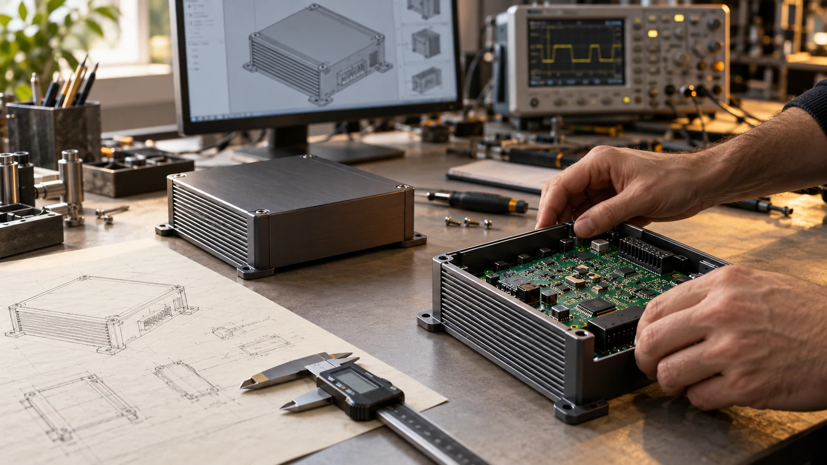 Product development workbench bringing a sketch, mechanical model and electronic controller together.