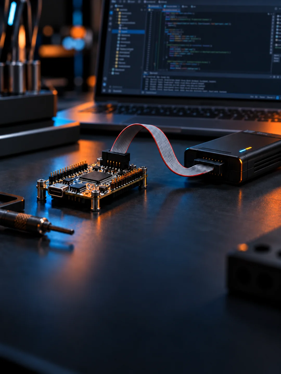 Embedded development board and debugging probe in front of a laptop displaying C/C++ firmware code