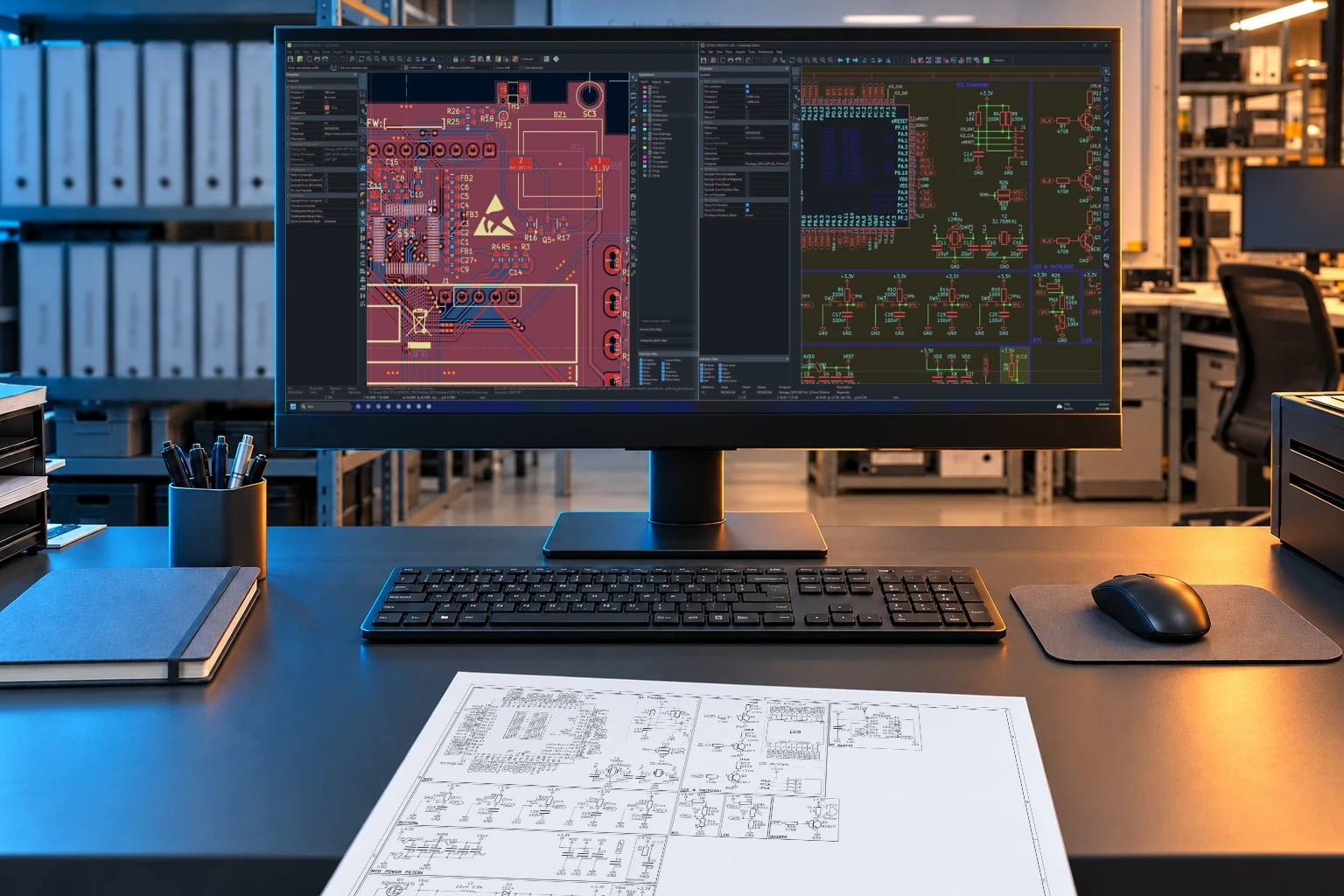 R&D design workstation with PCB and schematic views on a monitor, keyboard, mouse and a black-and-white schematic printout