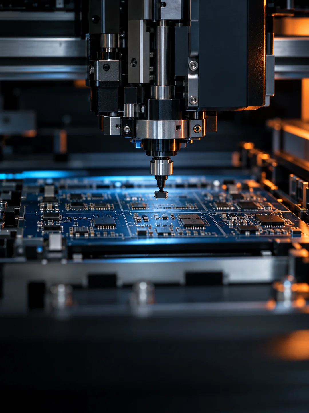 SMT machine placement head positioning a component on a circuit board