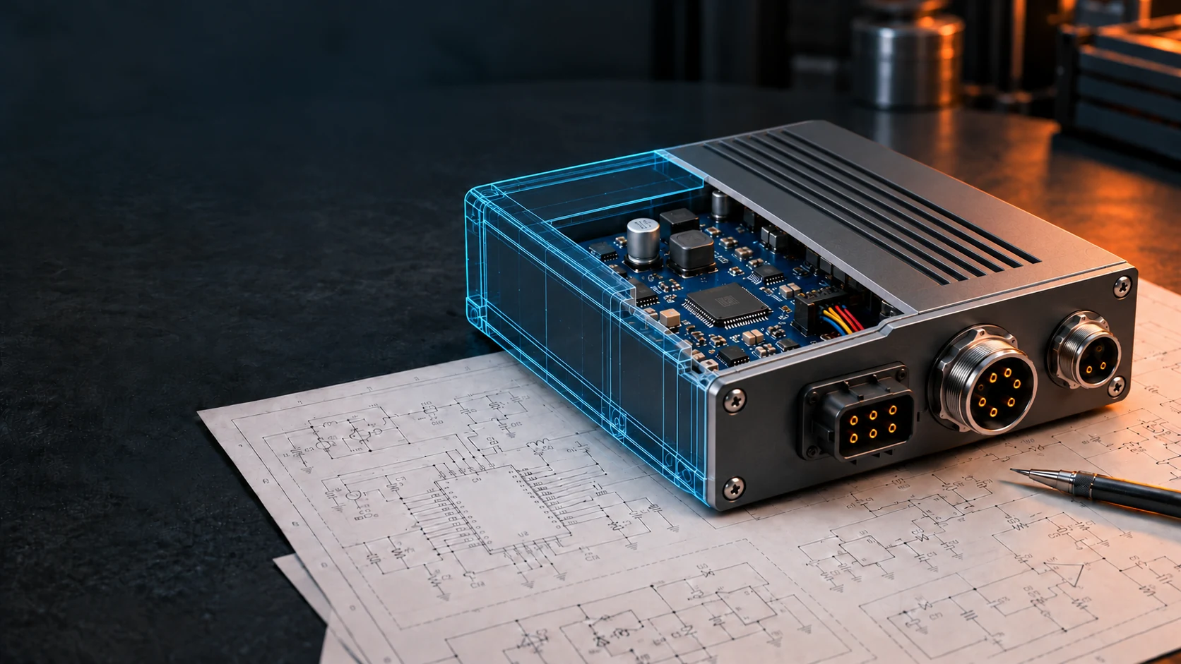 Teknik çizimden tamamlanmış ürüne geçişi ve iç devresini gösteren kesitli elektronik cihaz, altında elektronik devre şemaları
