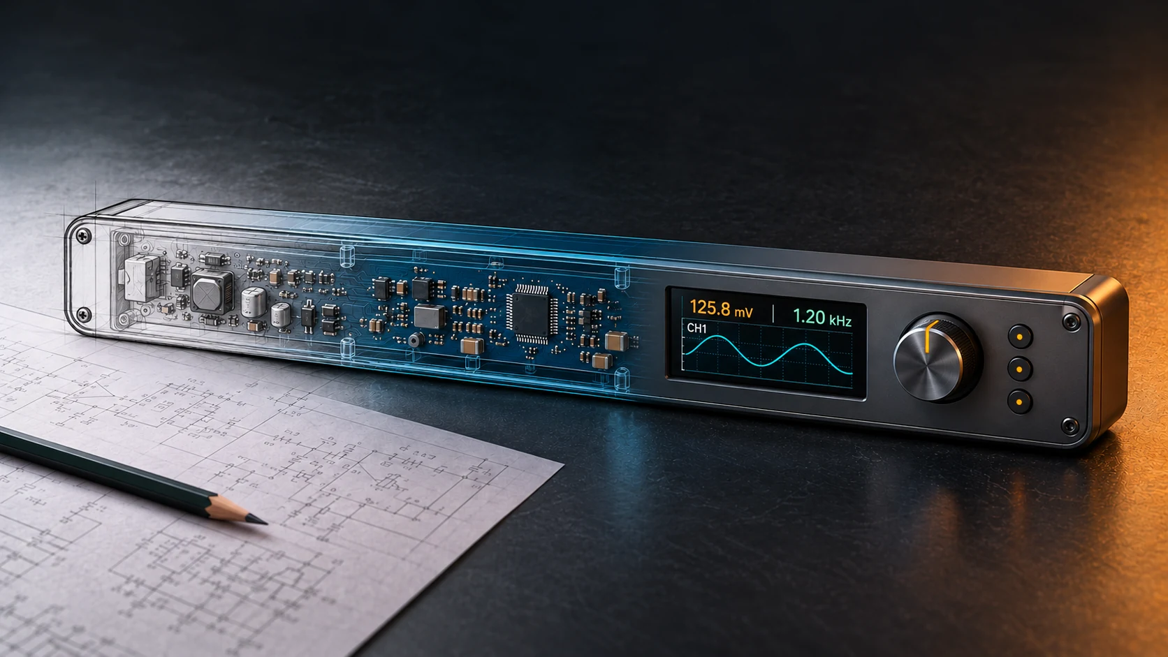 A long control panel transitioning from pencil sketch through blue technical drawing to a finished enclosure, with the PCB visible behind the front cover in the design stages