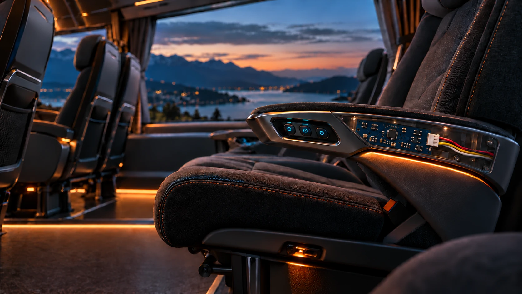 Coach armrest with three blue illuminated buttons and a circuit board, connector and four wires visible through a transparent panel