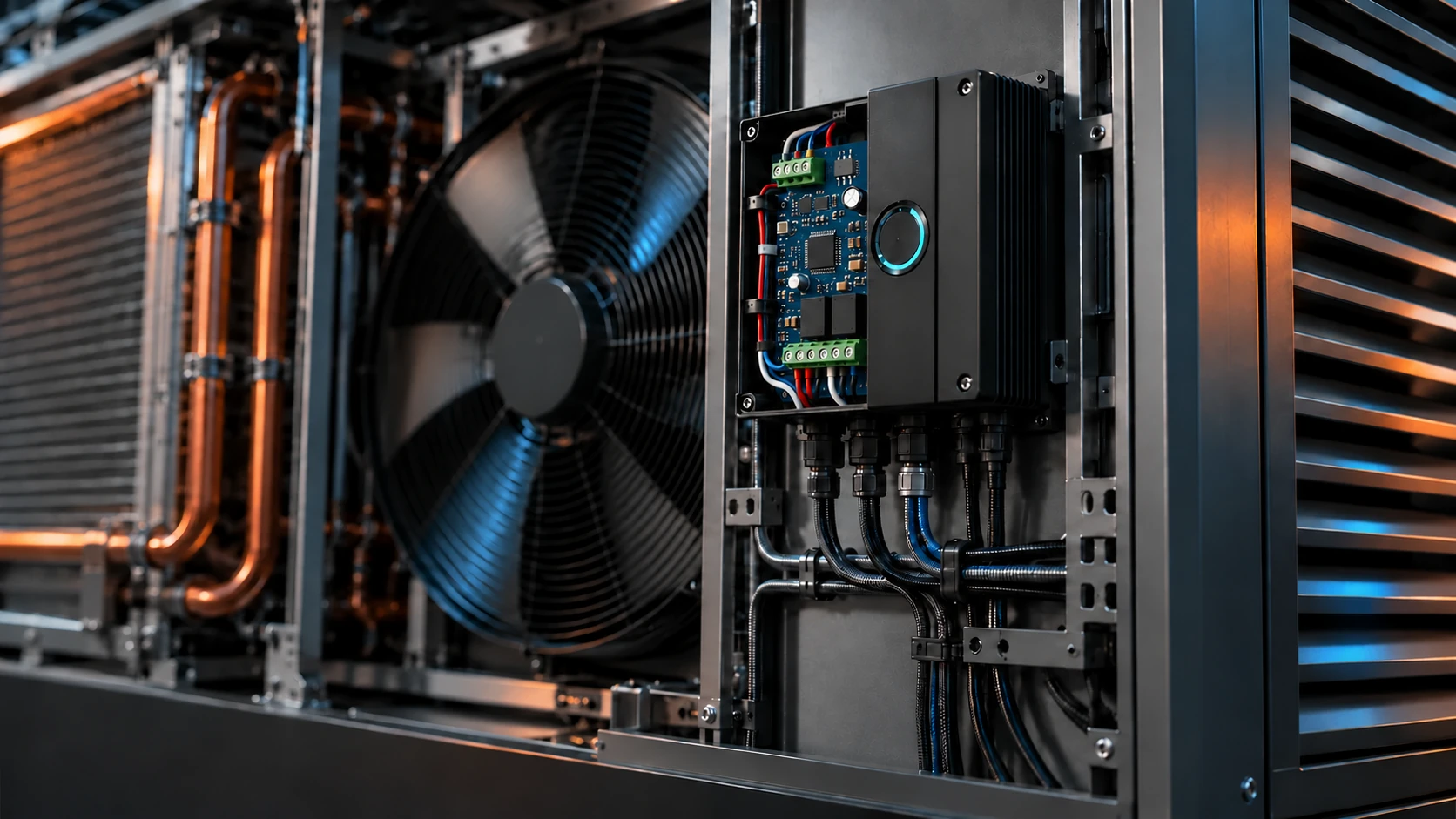 Climate-control system with a half-cutaway enclosure showing a circuit board, connected wiring, fan and copper tubing