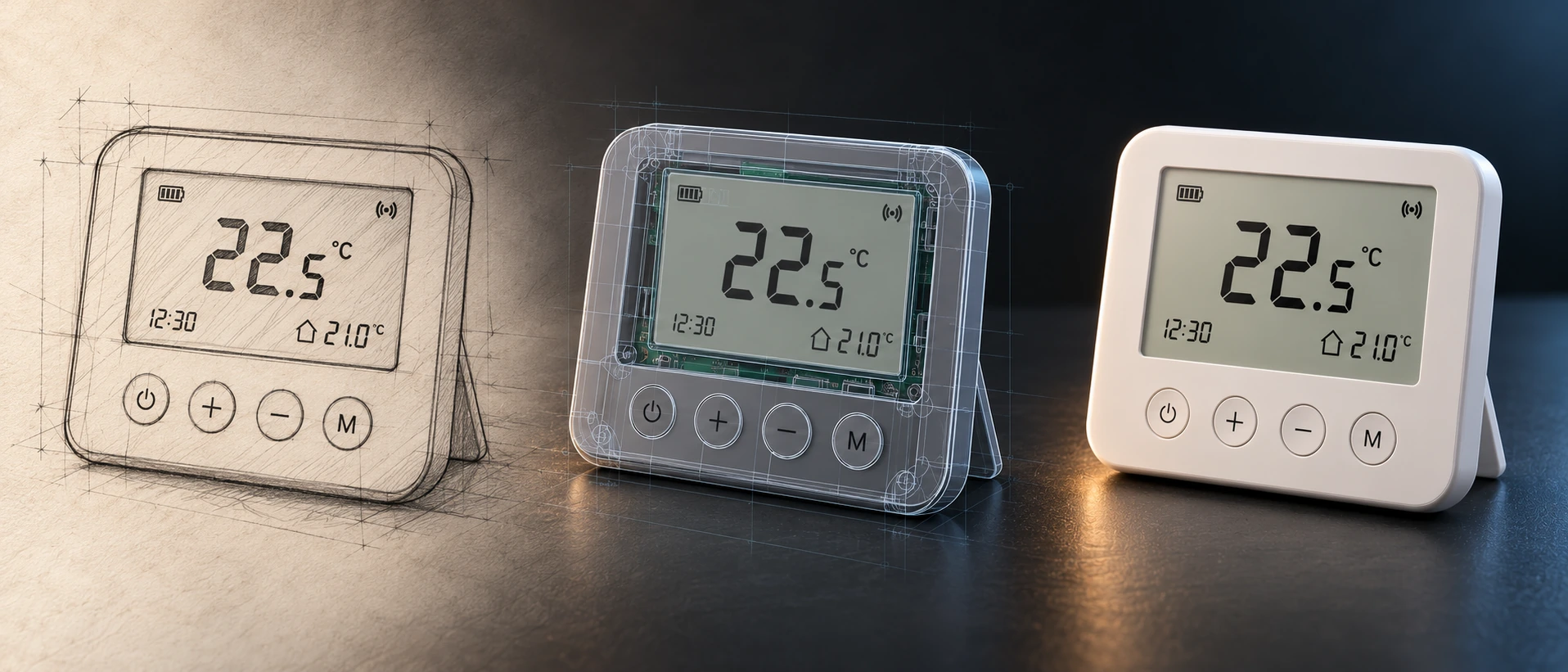Aynı kablosuz oda termostatının karakalem eskizden teknik CAD modeline ve bitmiş ürüne dönüşümü