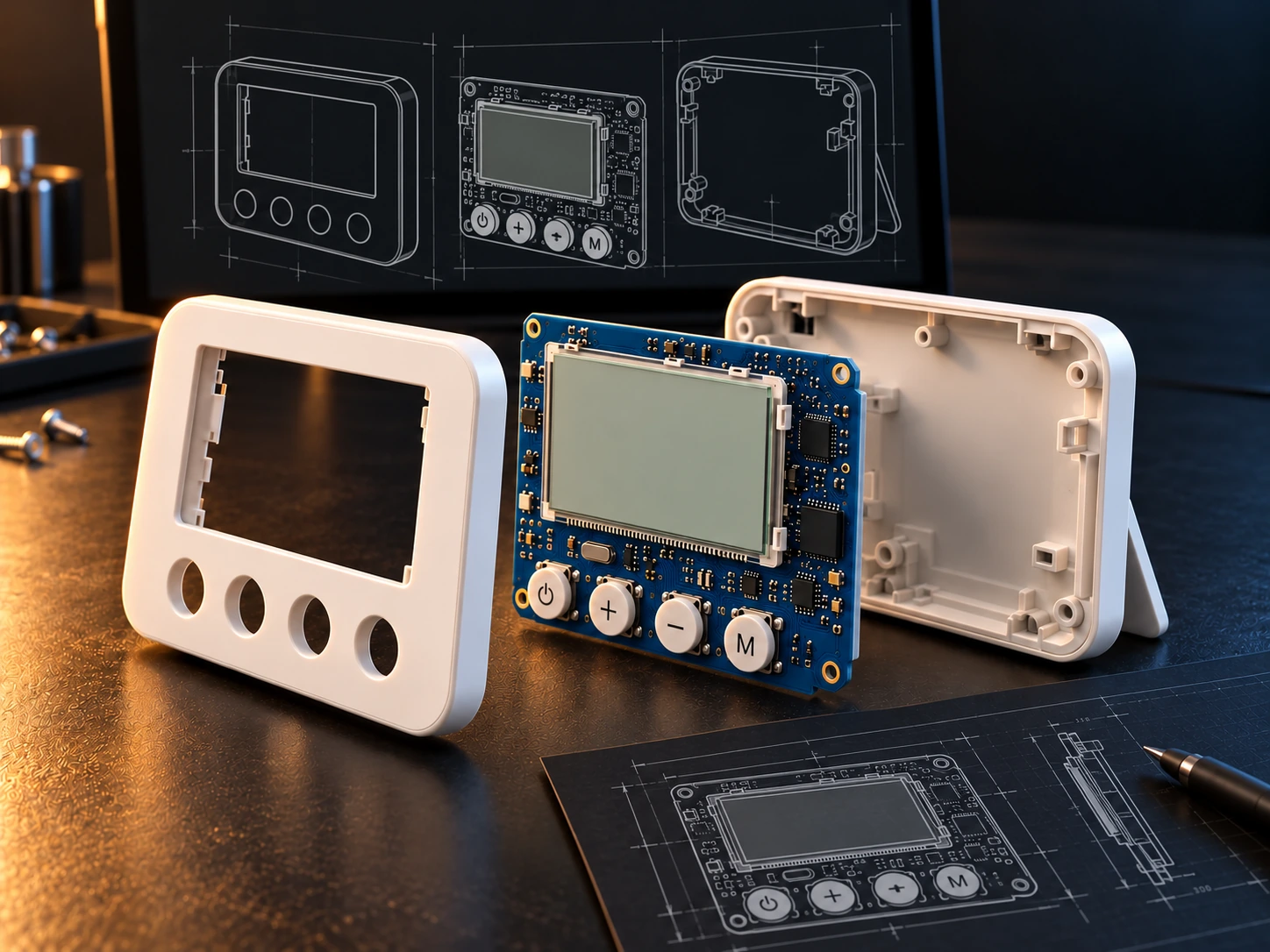 Ön çerçeve, LCD ve dört tuşu montajlı elektronik kart, arka gövde ve aynı yapıyı gösteren teknik eskizlerle termostat ürün tasarımı