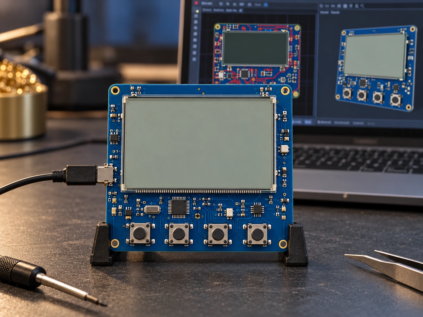 Ürünün ekran oranlarına uygun büyük LCD ve dört tuş içeren çıplak termostat kartı; arkada PCB tasarımı ve 3D kart önizlemesi